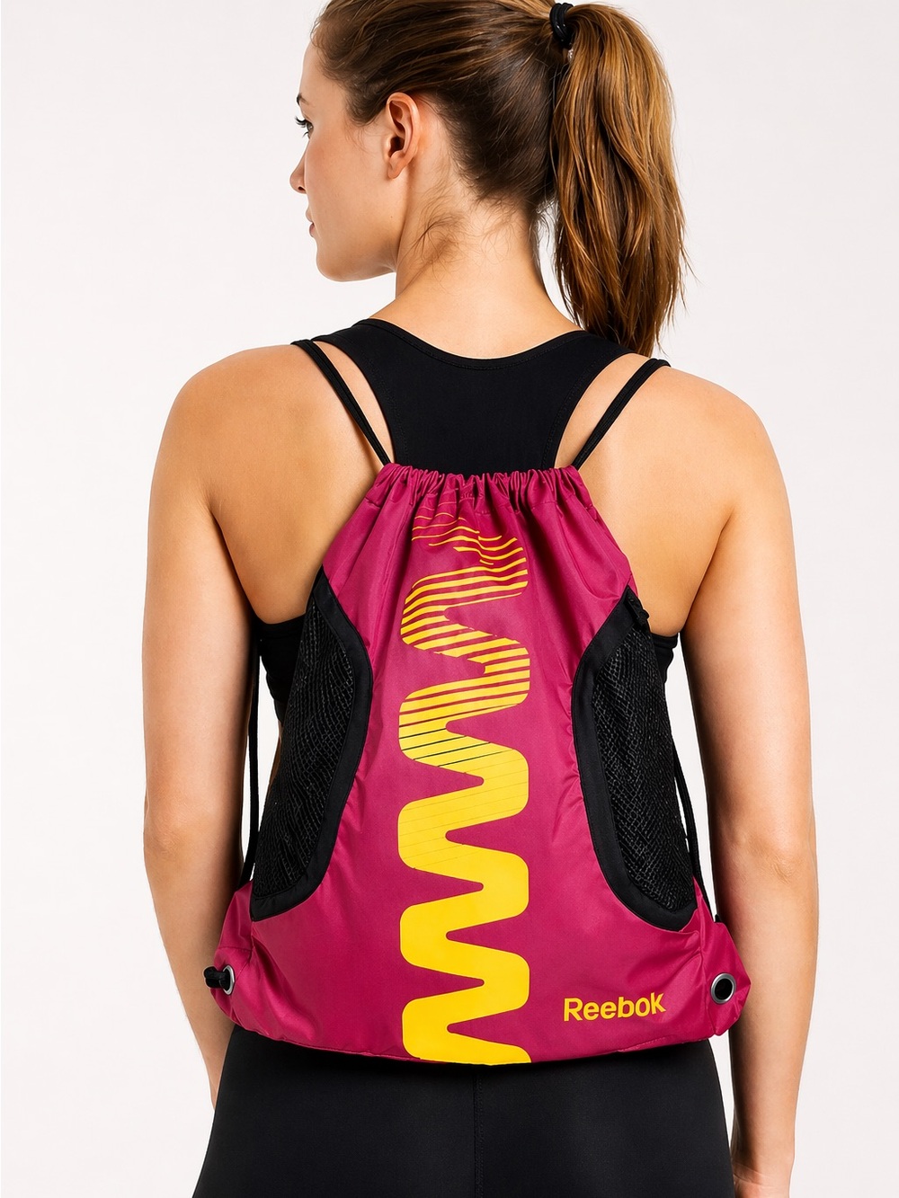 Reebok Pink Yellow Drawstring Backpack Gym Bag Cinch Sack Mesh Pockets Workout